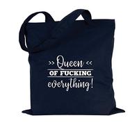 JUNIWORDS Jutebeutel, Wähle ein Motiv & Farbe, Queen of fucking everything! (Beutel: Marine Blau, Text: Weiß)
