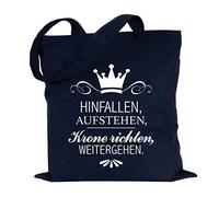 JUNIWORDS Jutebeutel - Wähle eine Farbe - "Hinfallen, aufstehen, Krone richten, weitergehen" (Beutel: Marine Blau, Text: Weiß)