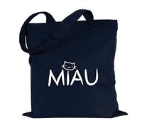 JUNIWORDS Jutebeutel - Wähle eine Farbe - "MIAU" (Beutel: Marine Blau, Text: Weiß)