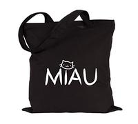 JUNIWORDS Jutebeutel - Wähle eine Farbe - "MIAU" (Beutel: Schwarz, Text: Weiß)