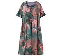 JUNMIN Sommer-Seidenkleid, mittleren Alters und ältere Menschen, über dem Knie, lockeres langes Kleid (Farbe: Grün, Größe: XXXX-Large)