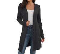 JUOIANTANG Damen Einfarbige Lange Strickjacke mit Taschen und Langarm Offene Form Kapuzencardigan aus Feinstrick Dunkelgrau M