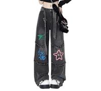 jupkem Süße Y2K-Jeans für Damen, Gothic-Stern, Grafik, weites Bein, Kawaii-Hose, Y2k, ästhetische Baggy-Jeans, koreanische Streetwear, Schwarz1, Mittel