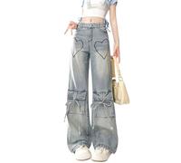 jupkem Süße Y2K-Jeans für Damen, Gothic-Stern, Grafik, weites Bein, Kawaii-Hose, Y2k, ästhetische Baggy-Jeans, koreanische Streetwear, Blau5, M