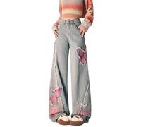 jupkem Süße Y2K-Jeans für Damen, Gothic-Stern, Grafik, weites Bein, Kawaii-Hose, Y2k, ästhetische Baggy-Jeans, koreanische Streetwear, Blau4, Groß