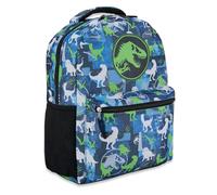 Jurassic World Rucksack aus Nylon mit Allover-Print - Abenteuer erwartet Sie mit Tyrannosaurus Rex, Velociraptor und Triceratops Büchertasche, Blau, Medium