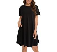 JURDUIR Damen Kleider Sommer Kurzarm Rundhals Knielang Strandkleid Sommerkleider Leicht Freizeitkleid mit Taschen（Black,M