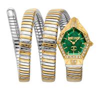 Just Cavalli Damenuhr, goldfarbenes Gehäuse, dunkelgrünes Zifferblatt, zweifarbiges silberfarbenes und goldfarbenes Metallarmband, 2 Zeiger, 3 ATM, Zweifarbig, Silber und Gold, Kleid