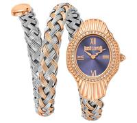 Just Cavalli Damenuhr, rotgoldenes Gehäuse, dunkelblaues Zifferblatt, zweifarbiges silberfarbenes und rotgoldenes Metallarmband, 2 Zeiger, 3 ATM, Zweifarbiges Silber und Rotgold, Kleid