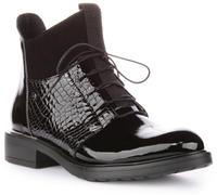 JUSTINREESS ENGLAND Mylah Damen Schnürstiefelette Leder Combat Ankle Boot mit Reißverschluss, schwarzer lack, 38 EU