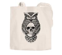 Jutebeutel Eule Totenkopf Owl Skull Schädel Baumwolltasche Stoffbeutel Autiga® natur 2 lange Henkel