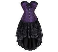 Jutrisujo Corset Dress Skirt Tutu Set Korsett Damen Kleider Rock Corsage Bustier Korsagenkleid Elegant Gothic Vintage Burlesque Violett Schwarz XS