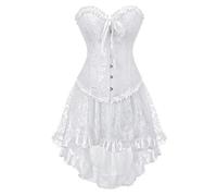 Jutrisujo Korsett Kleider White Corset Dress Damen Korsagenkleid Corsagen Schnüren Vollbrust Blumen Spitze Elegant Vintage Brautkleid Weiß L