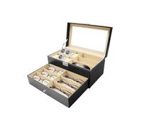 juunyeer Aufbewahrungsbox für Brillen und Uhren, Display Uhren- und Sonnenbrillen-Schmuckbox, 6 Uhrenbox-Schmucketui und 9 Slots Sonnenbrillen-Organizer, Retro Schmuckschatulle, Schwarz