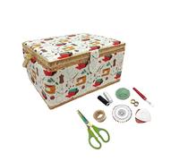 JYC CREATIVE Kleines Nähkästchen aus Holz mit Zubehör, mit Stoff ausgekleidete Nähbox mit 8 Fächern, Organizer mit Nadelhalter, Box mit Griff, Zubehörablage (klein, Maschine)