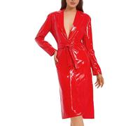 Jydiazi Damen Ledermantel Lange Glänzende Pu Leder Trenchcoat Elegant Revers Wetlook Jacke mit Gürtel Steampunk Gothic Rot M