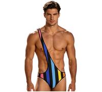 Jydiazi Herren Stringbody Badeanzug Mankini EIN-Schulter Gestreifter Bodysuit Einteiler Unterwäsche Strandmode Beachwear Bunt L