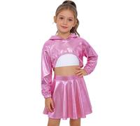 Jydiazi Mädchen Glitzer Outfit Metallic Crop Hoodie Metallic Skater Rock Und Tank Top Kinder Disco Fasching Festival Jazz Tanzkleidung Rosa 134-140