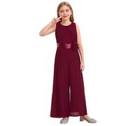 Jydiazi Mädchen Jumpsuit Festlich ärmellos Overall Lang Weites Bein Hose Mit Taillengürtel Für Party Hochzeit Kommunion Burgundy 134-140