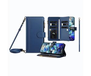 JZ Multi-Function Leather Brieftasche Fall für Honor Magic7 Lite / X9c 5G mit 9 Kartensteckplätzen, Reißverschluss Tasche, Handgelenk & Schultergurt, Klarfenster, Wireless Laden kompatibel - Blue