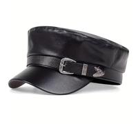 JZTDYPP Baskenmütze Damen Damen-Lederhut Mit Großer Gürtelschnalle, Frühlings- Und Herbstmütze, Matrosenhut, Damen-Baskenmütze, Herren-Kapitänsmütze Mit Flachem Oberteil, Militärmütze