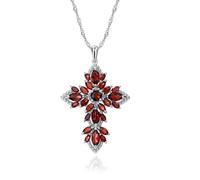 JZWCHQ Schmuck Natürlicher Granat-Kreuz-Anhänger für Frauen, Sterlingsilber, christlicher Schmuck, rhodiniert, weißvergoldet, 18-Zoll-Kreuzkette, Sterlingsilber, Granatschmuck für Mädchen