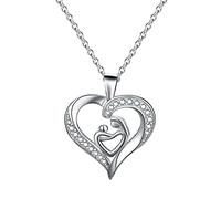 JZWCHQ Sterling Silber Anhänger Halskette, Herzheizkette Halskette Kubikzirkonia Doppelte Mutter und Kind Rolo Schmuck Halsketten für Frauen