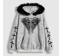 K-Pop Kreuz- und Flügel-Muster Strass gewaschener zerfransster Flausch-Hoodie, Abschluss, Rückkehr zur Schule Outfits, Abschluss, Lehreroutfits für Fr