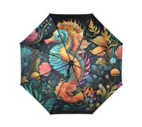 KAAVIYO Bunte Seepferdchen Meer Blume Windfester Reiseschirm mit Automatischer Öffnungs und Schließfunktion,UPF 50+ Sonnenschutz für Kinder