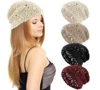 KABAKE Frauen Baumwolle Häkelmütze Handgemachte Strick Floral Slouchy Beanie Hut Gestrickte Cutout Sommer Schädel Cap, 4 Stück