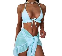 Kaeltsyn Damen Badeanzug mit geteiltem Baderock, 3-teilig, Riemchen, Badeanzug, Wickeltuch, hoher Schnitt, Strandbekleidung, String-Bikinis-Set, hoher Schnitt, Strick-Bademode, Badeanzüge