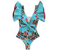 Kaeltsyn Einteiliger Damen-Badeanzug, Monokini, Blumenmuster, V-Ausschnitt, 2022, Strand-Bademode, V-Ausschnitt, einteiliger Badeanzug