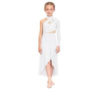 Kaerm Lyrisches Kleid Mädchen Modern Dance Outfit Kinder EIN Schulter Ballettkleid 3D Blumen Perlen Eislaufkleid Cut Out Maxikleid Mit Asymetrisch Rock Elfenbein 146-152