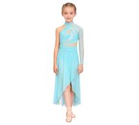 Kaerm Lyrisches Kleid Mädchen Modern Dance Outfit Kinder EIN Schulter Ballettkleid 3D Blumen Perlen Eislaufkleid Cut Out Maxikleid Mit Asymetrisch Rock Hellblau 122-128