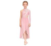 Kaerm Lyrisches Kleid Mädchen Modern Dance Outfit Kinder EIN Schulter Ballettkleid 3D Blumen Perlen Eislaufkleid Cut Out Maxikleid Mit Asymetrisch Rock Rosa 170