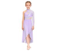 Kaerm Lyrisches Kleid Mädchen Modern Dance Outfit Kinder EIN Schulter Ballettkleid 3D Blumen Perlen Eislaufkleid Cut Out Maxikleid Mit Asymetrisch Rock Lavendel 110-116
