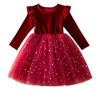 Kaerm Weihnachtskleid Kinder Mädchen Festliches Samtkleid Langarm Winterkleid Rüschen Volants Partykleid Mit Glitzer Sterne Tüll Tutu Rock Weihnachtsoutfit Rot 92-98