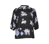 Kaffe Curve Damen Plus Size Women's Blouse V-Notch Neck Printed 3/4 Sleeve Regular Fit Bluse, Schwarz/Blauer Blumendruck, 52 DE/Groß