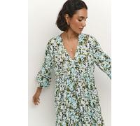 KAFFE Kleid KAhera Damen Kleid 3/4 Arm Knielang Print Elegant Freizeitkleid 34, Blue/Green Abstract Flower 34