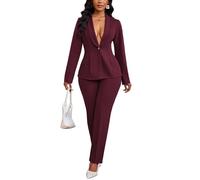 Kafiloe Hosenanzüge für Damen, elegant, langärmelig, Blazer-Set, 2-teiliges Outfit, Business, Freizeit, Arbeitsset, Burgunder, X-Groß
