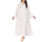 Kaftan Boho Kleid Damen Elegantes Muslimisches Kleid Langarm locker geschnittenes Maxikleid mit Strassperlen und floralen Applikationen (Weiß M)
