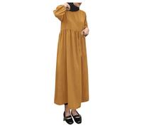 Kaftan Damen Elegant - Maxikleid aus Leinen - Baumwoll - Mischung | Minimalistischer Farbblock | Hijab - freundliches Tunikakleid mit lockerer Passform (Yellow L)