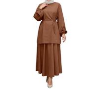 Kaftan Damen Lang - Elegantes Muslimisches zweiteiliges Outfit bestehend aus langem Rock einfarbiger Tunika und Midirock (Brown XL)