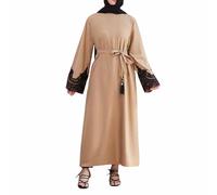 Kaftan Damen Sommerkleid Muslimisches Kleid für Damen Rundhals Langarm Pullover Sommer lässiges Maxikleid mit Gürtel Elegantes Abaya Abendkleid (Khaki XL)