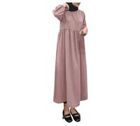Kaftan Sommerkleid Damen Knielang Maxikleid aus Leinen - Baumwoll - Mischung | Minimalistischer Farbblock | Hijab - freundliches Tunikakleid mit lockerer Passform (Red XL)
