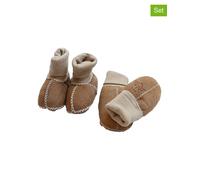 Kaiser Naturfellprodukte 2tlg. Set: Lammfell-Fäsutlinge und Boots in Hellbraun - Größe 18/19 | Baby Handschuhe