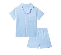 KAKU NANU Schlafanzug Mädchen Kurz Set Pyjama Baumwolle Sommer Pyjama Kinder Blau Clean Girl Klamotten 140 146