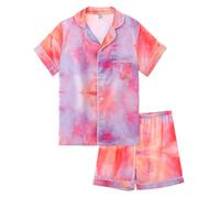 KAKU NANU Schlafanzug Mädchen Kurz Set Pyjama Satin Sommer Pyjama Kinder Lila Clean Girl Klamotten 134 140