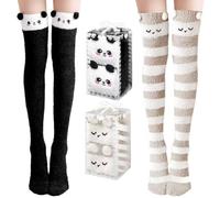 Kakveiai 2 Paar Damen Lange Socken, KuschelSocken Kniestrümpfe, Kuschel Overknee Strümpfe, Mädchen Kniestrümpfe, Kuschel Süße warm, für Damen und Mädchen, Einheitsgröße(Grau Streifen2+Schwarz)