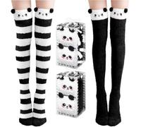 Kakveiai 2 Paar Damen Lange Socken, KuschelSocken Kniestrümpfe, Kuschel Overknee Strümpfe, Mädchen Kniestrümpfe, Kuschel Süße warm, für Damen und Mädchen, Einheitsgröße(Schwarz+Schwarz Weiß)